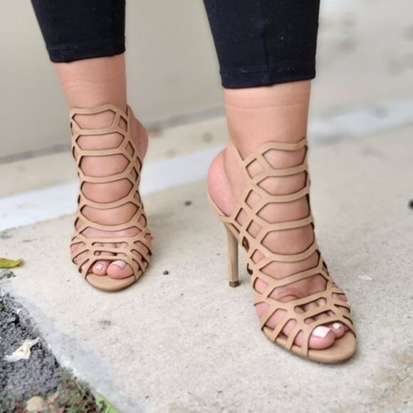 Women's Slingback Stiletto Sandal Peep Toe Hollow Beige Color - Picture 2 of 4